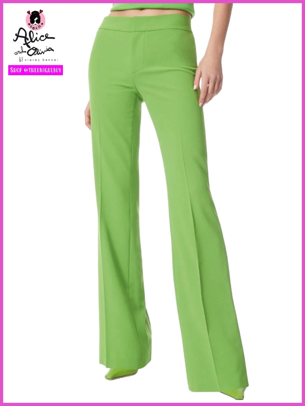 Alice + Olivia Livi Parrot Green Straight Leg Trouser Pant